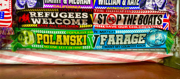 Zack Polanski vs Nigel Farage half-and-half scarf designed by Wankers of the World. 