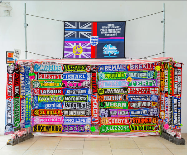 Half-and-Half football scarves depicting different sides of the culture war designed by Wankers of the World