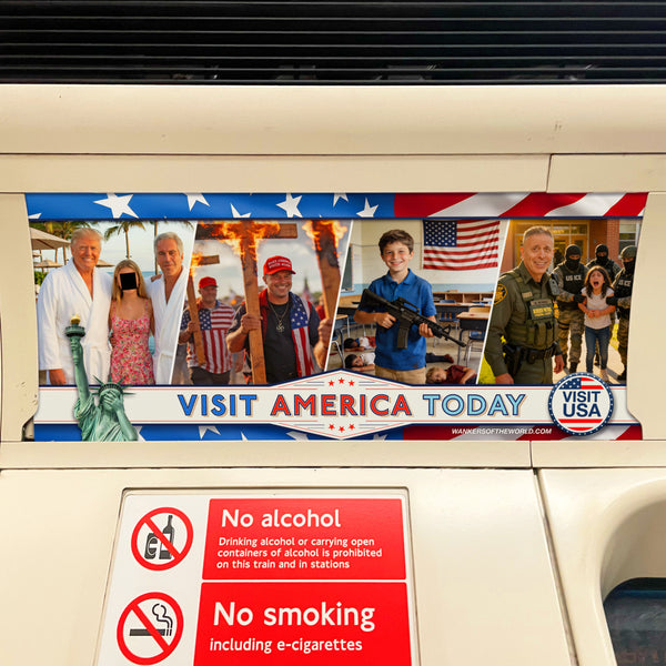 Satirical advert promoting America as a tourist destination showing Donald Trump with Jeffrey Epstein, Fascist Neo Nazi MAGA supporters wearing a swastika necklace, a school kid holding an assault rifle and Greg Bovino leading a ICE raid on a school. By artist Wankers of the World